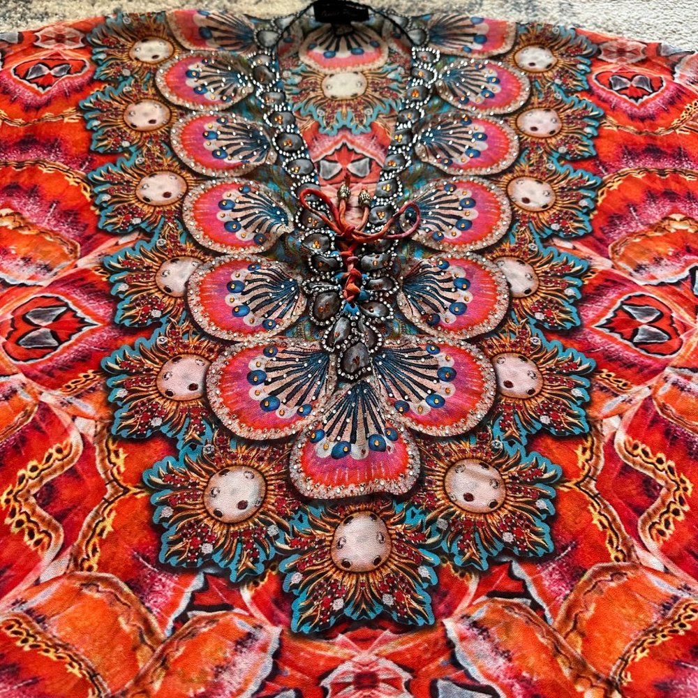 Charlie Paige | Multicolor Boho Embellished Tie Dye Poncho Swim Cover Up Kimono - Picture 3 of 9